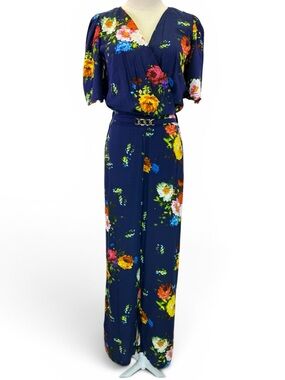 CKlass Women's Navy Blue Tropical Floral Jumpsuit Gold Chain Belt Size XS